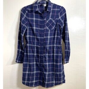 H&M Divided Plaid Shirt Dress Long Sleeves 100% Cotton Women Navy Blue Size 2